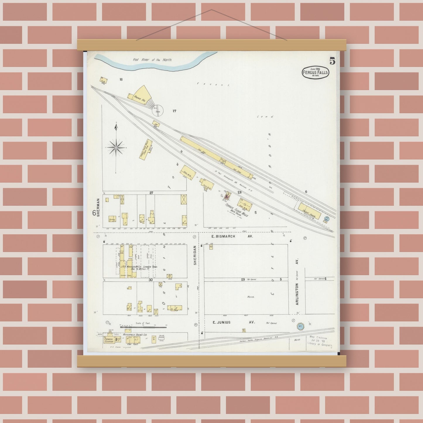 Old map wall art mockup — magnetic wood frame on brick wall — Sanborn Fire Insurance Map from Fergus Falls, Otter Tail County, Minnesota (1896), Sheet #0005