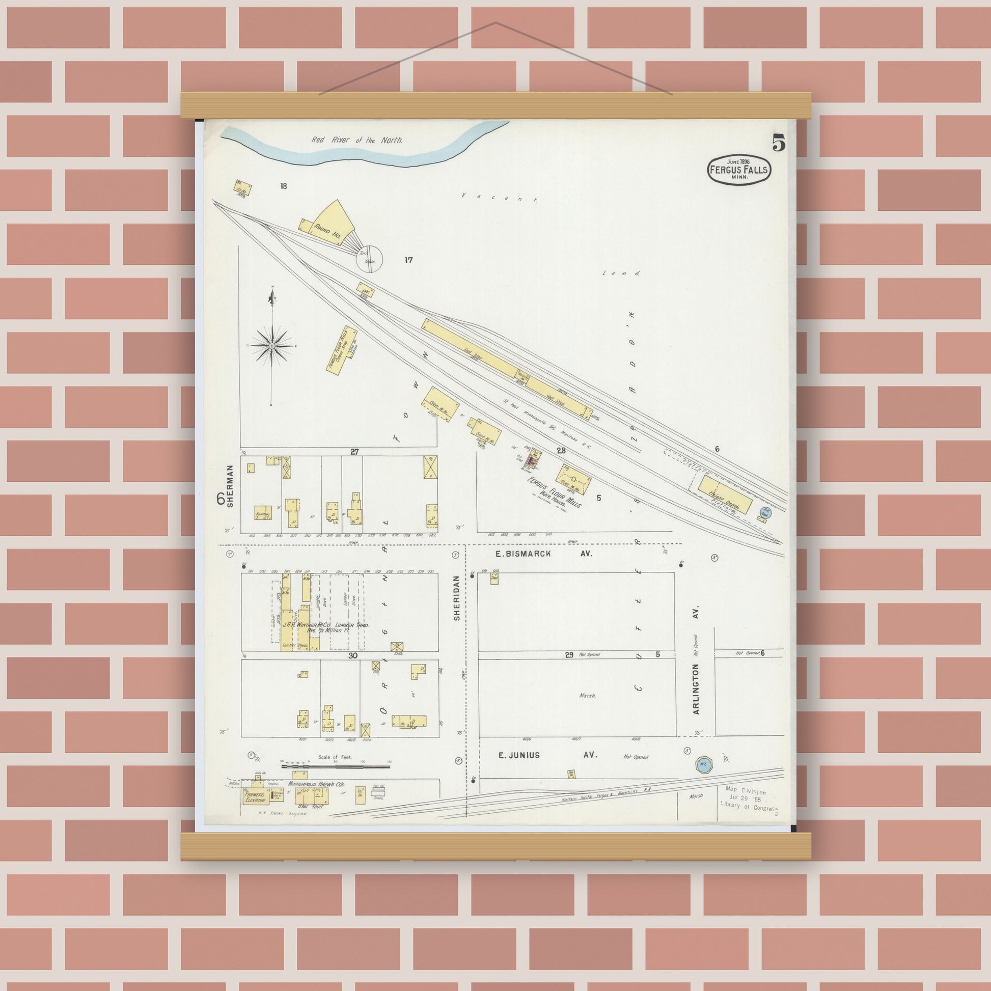Old map wall art mockup — magnetic wood frame on brick wall — Sanborn Fire Insurance Map from Fergus Falls, Otter Tail County, Minnesota (1896), Sheet #0005