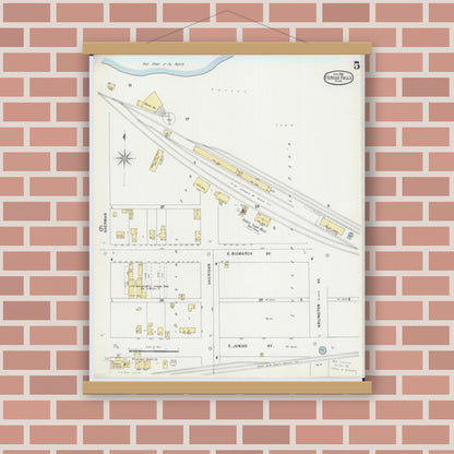 Old map wall art mockup — magnetic wood frame on brick wall — Sanborn Fire Insurance Map from Fergus Falls, Otter Tail County, Minnesota (1896), Sheet #0005