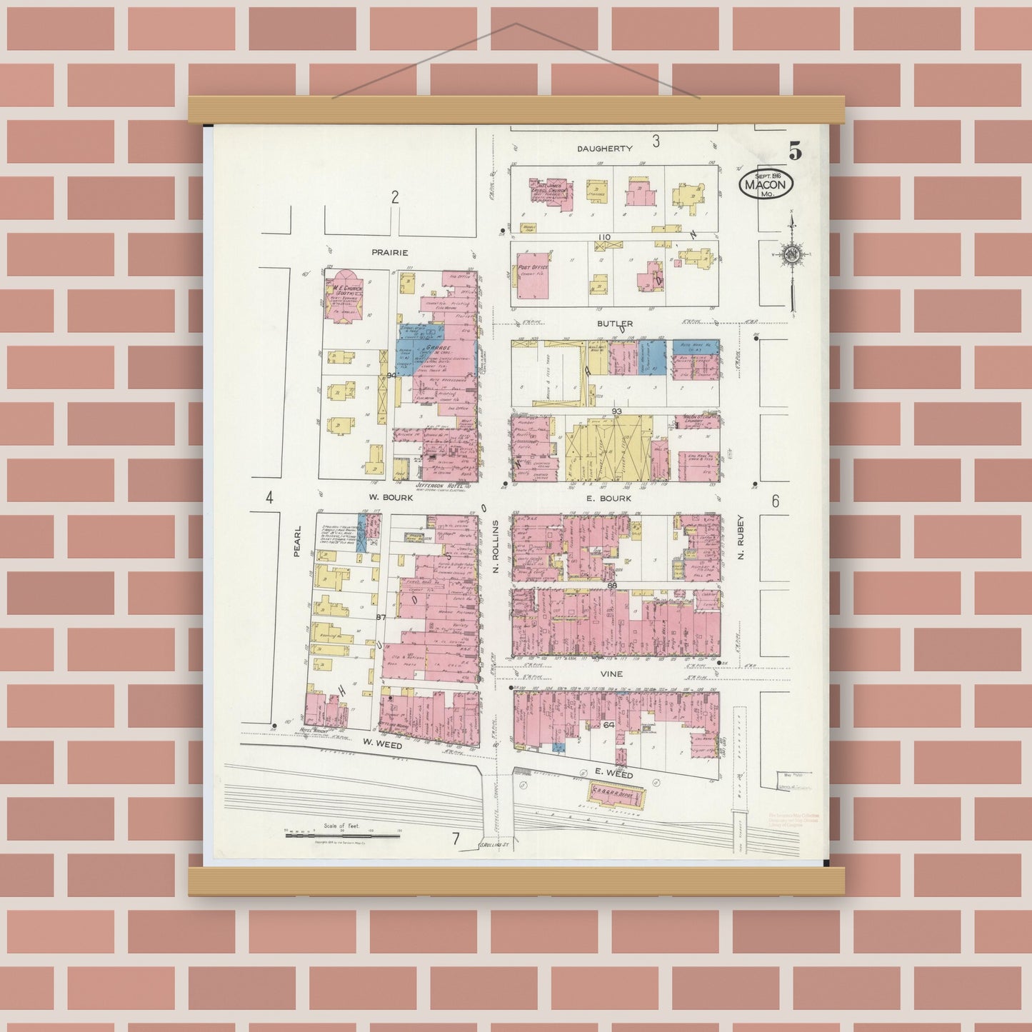 Old map wall art mockup — magnetic wood frame on brick wall — Sanborn Fire Insurance Map from Macon, Macon County, Missouri (1916), Sheet #0005