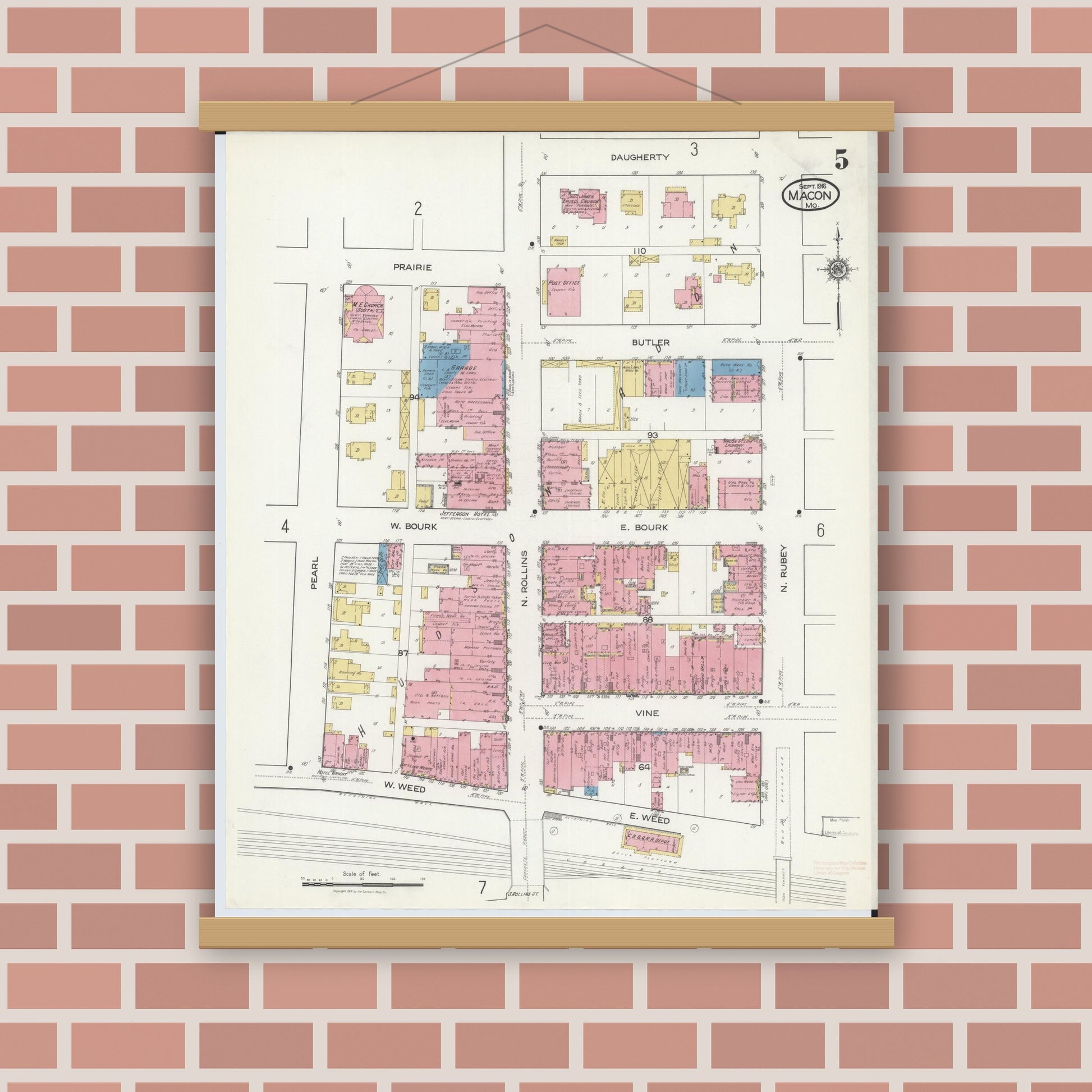 Old map wall art mockup — magnetic wood frame on brick wall — Sanborn Fire Insurance Map from Macon, Macon County, Missouri (1916), Sheet #0005