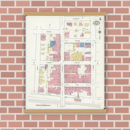Old map wall art mockup — magnetic wood frame on brick wall — Sanborn Fire Insurance Map from Macon, Macon County, Missouri (1916), Sheet #0005