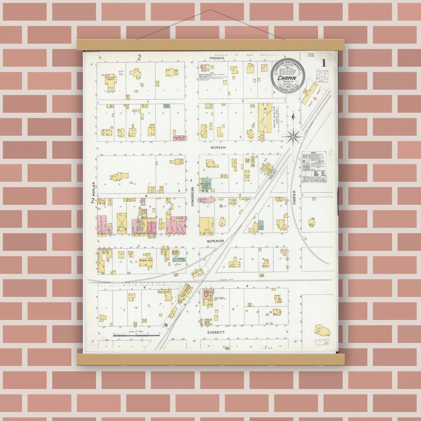 Old map wall art mockup — magnetic wood frame on brick wall — Sanborn Fire Insurance Map from Chapin, Morgan County, Illinois (1905), Sheet #0001