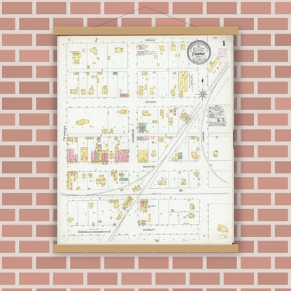 Old map wall art mockup — magnetic wood frame on brick wall — Sanborn Fire Insurance Map from Chapin, Morgan County, Illinois (1905), Sheet #0001
