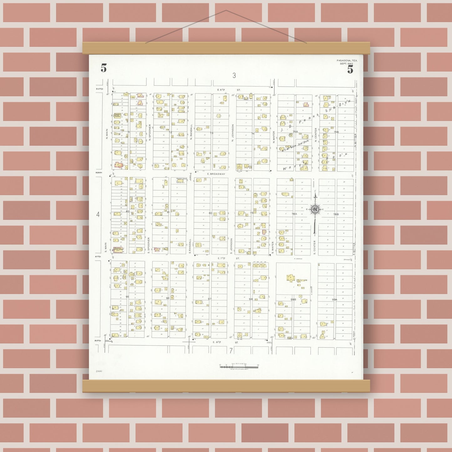 Old map wall art mockup — magnetic wood frame on brick wall — Sanborn Fire Insurance Map from Pasadena, Harris County, Texas (1940), Sheet #0005