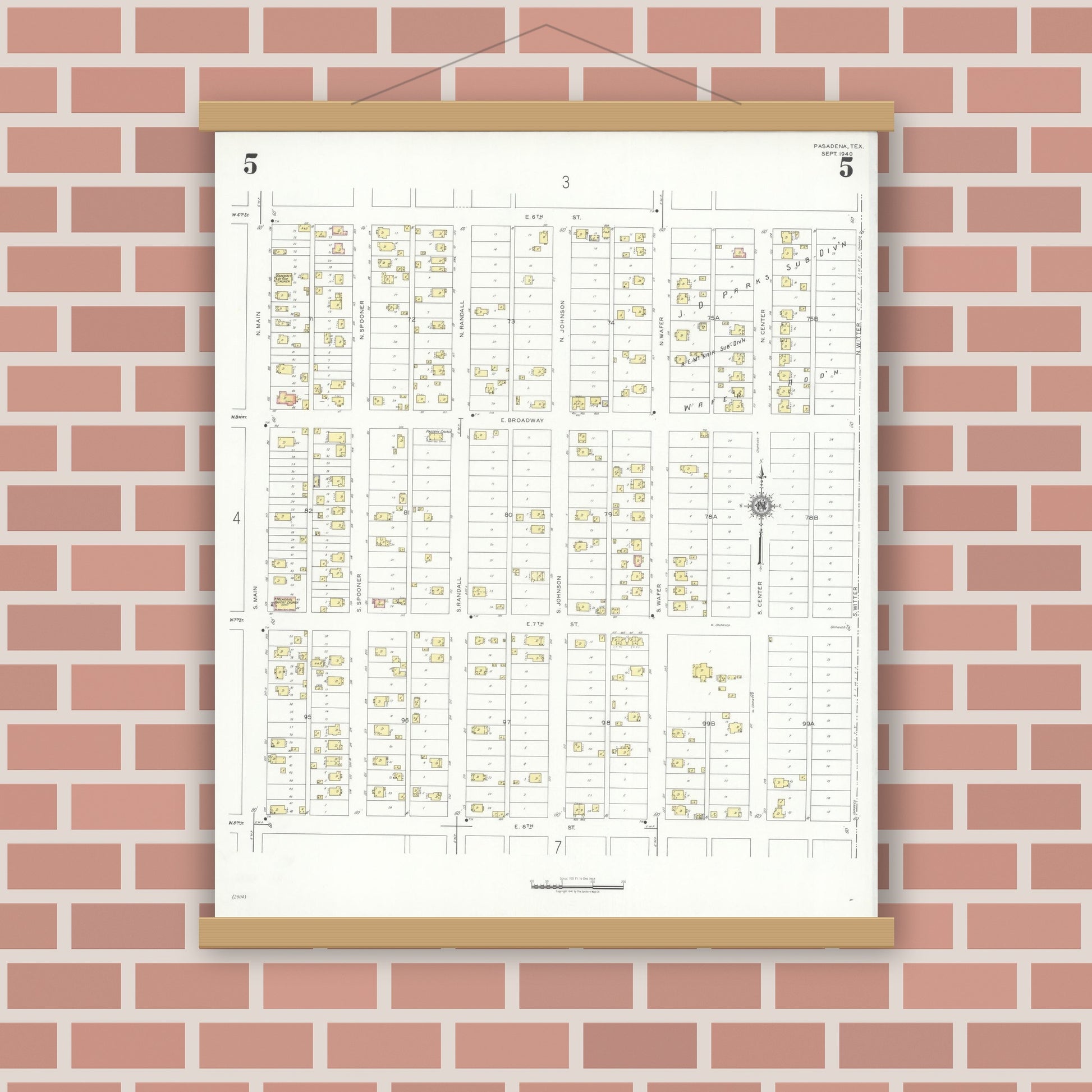 Old map wall art mockup — magnetic wood frame on brick wall — Sanborn Fire Insurance Map from Pasadena, Harris County, Texas (1940), Sheet #0005