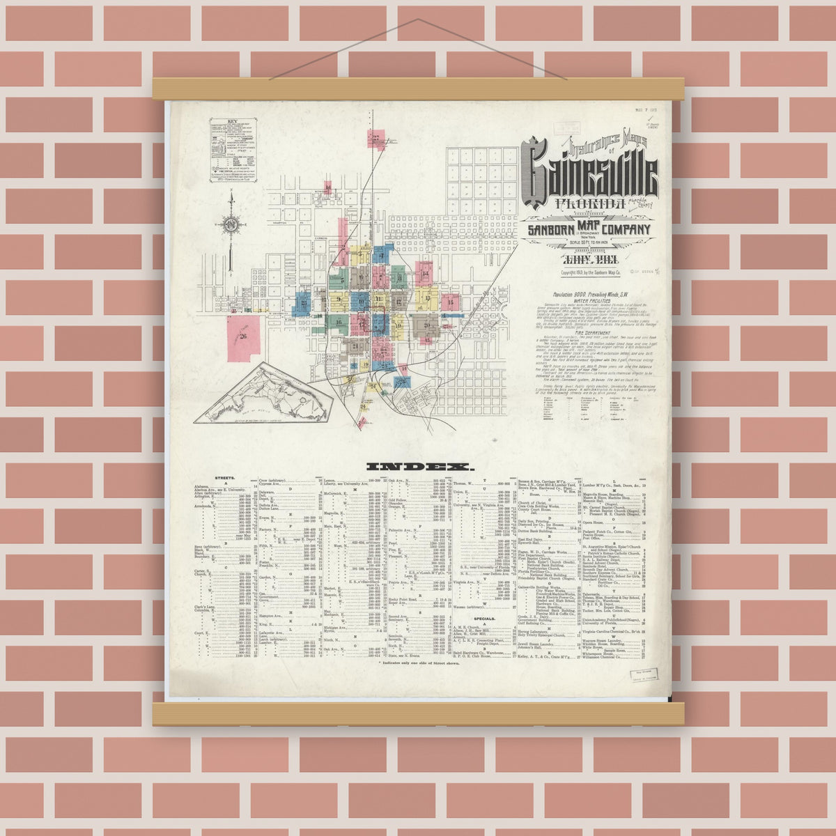 Old map wall art mockup — magnetic wood frame on brick wall — Sanborn Fire Insurance Map from Gainesville, Alachua County, Florida (1913) - Complete Map Set