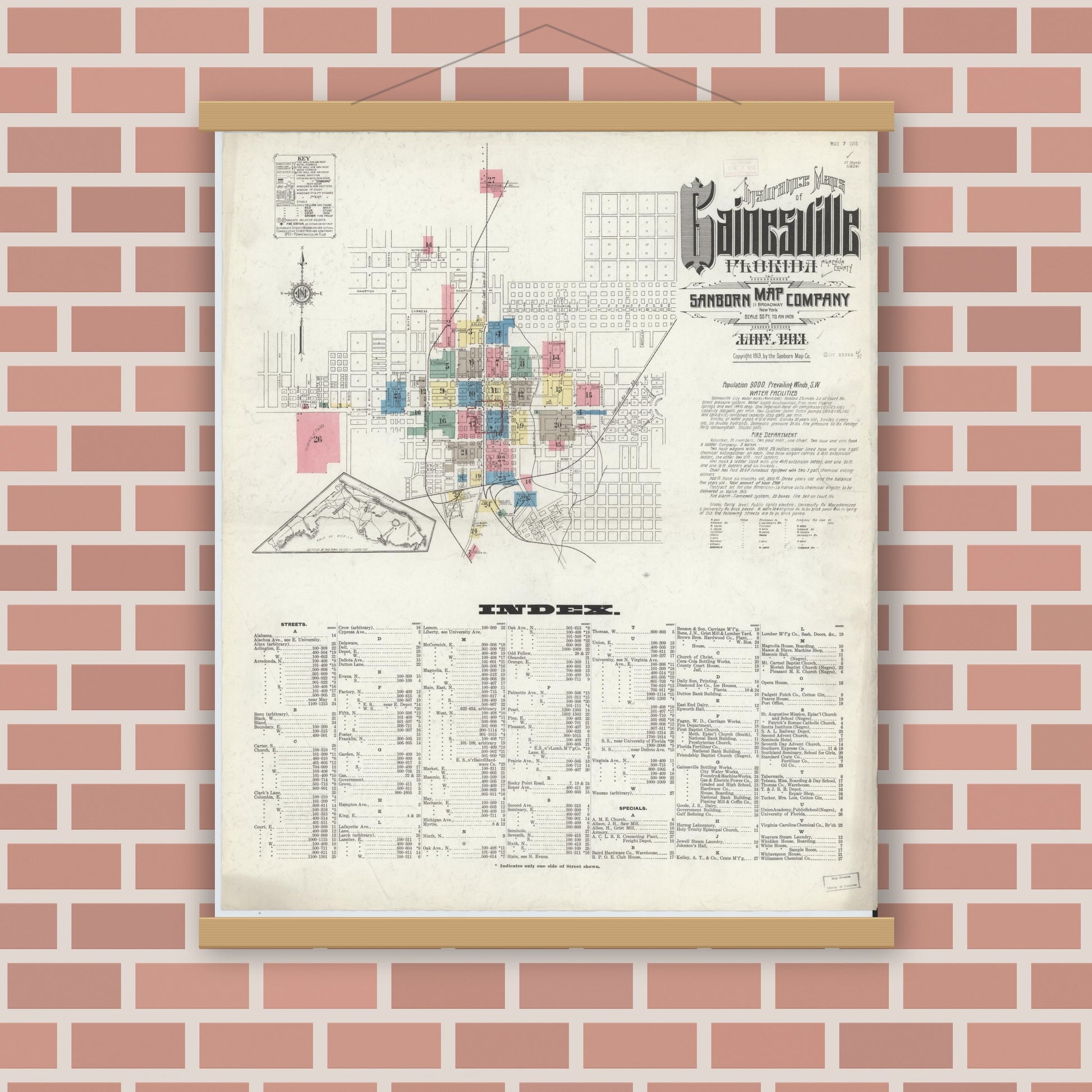 Old map wall art mockup — magnetic wood frame on brick wall — Sanborn Fire Insurance Map from Gainesville, Alachua County, Florida (1913) - Complete Map Set