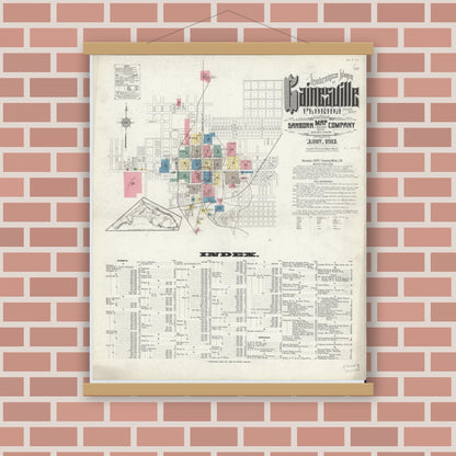 Old map wall art mockup — magnetic wood frame on brick wall — Sanborn Fire Insurance Map from Gainesville, Alachua County, Florida (1913) - Complete Map Set