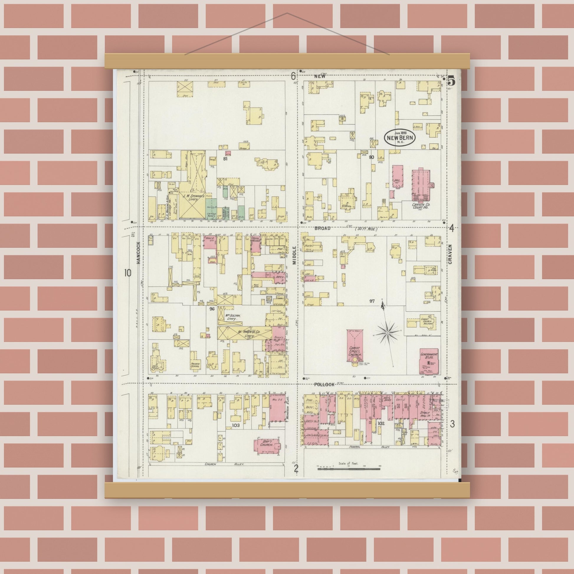 Old map wall art mockup — magnetic wood frame on brick wall — Sanborn Fire Insurance Map from New Bern, Craven County, North Carolina (1898), Sheet #0005