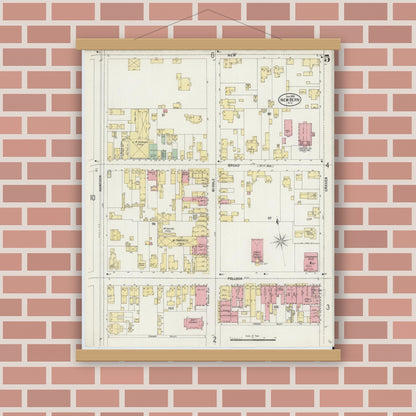 Old map wall art mockup — magnetic wood frame on brick wall — Sanborn Fire Insurance Map from New Bern, Craven County, North Carolina (1898), Sheet #0005
