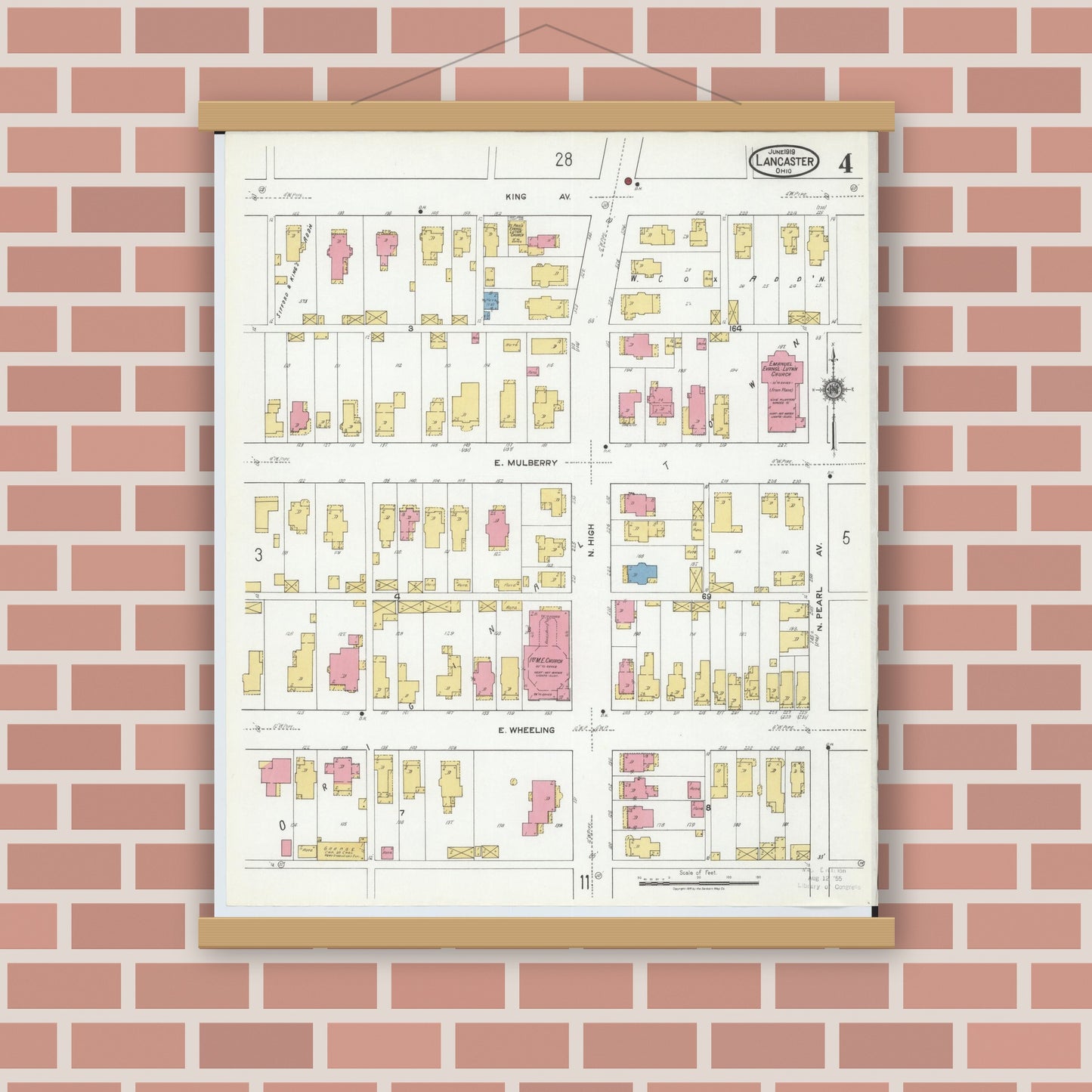 Old map wall art mockup — magnetic wood frame on brick wall — Sanborn Fire Insurance Map from Lancaster, Fairfield County, Ohio (1919), Sheet #0004