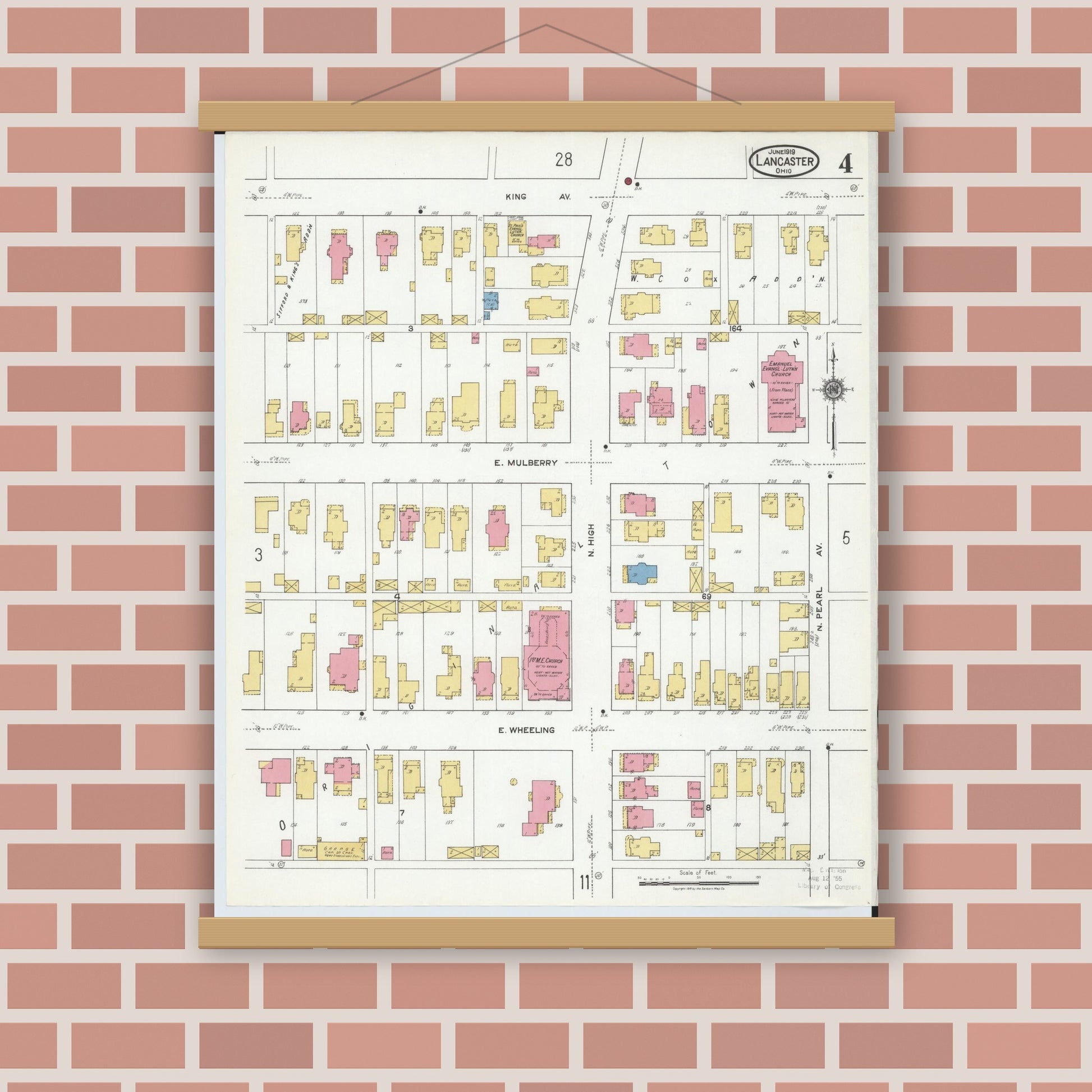 Old map wall art mockup — magnetic wood frame on brick wall — Sanborn Fire Insurance Map from Lancaster, Fairfield County, Ohio (1919), Sheet #0004