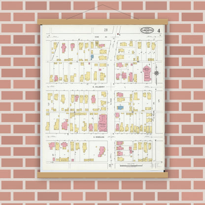 Old map wall art mockup — magnetic wood frame on brick wall — Sanborn Fire Insurance Map from Lancaster, Fairfield County, Ohio (1919), Sheet #0004