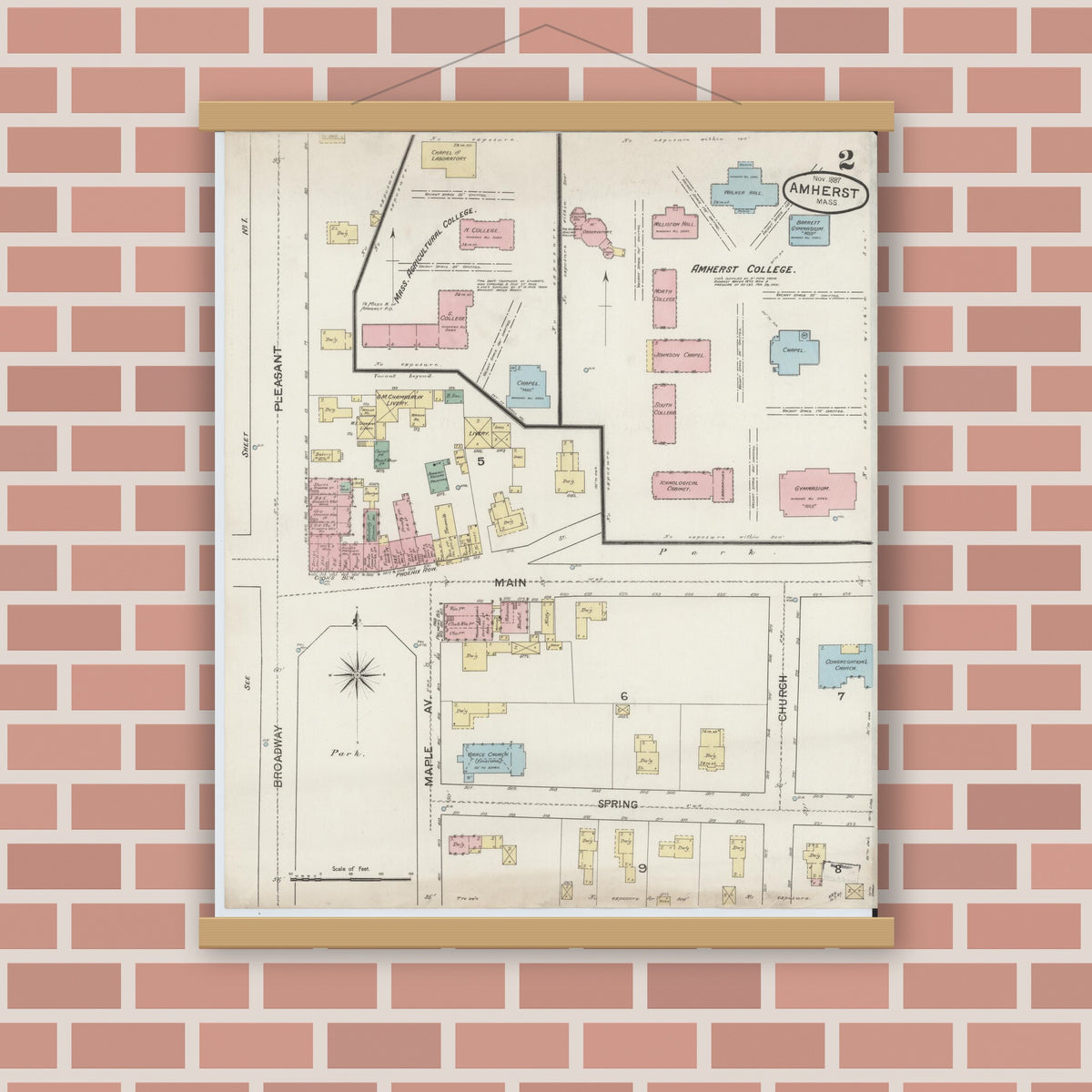 Old map wall art mockup — magnetic wood frame on brick wall — Sanborn Fire Insurance Map from Amherst, Hampshire County, Massachusetts (1887), Sheet #0002