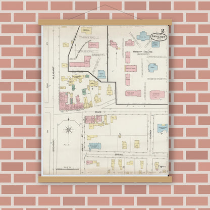 Old map wall art mockup — magnetic wood frame on brick wall — Sanborn Fire Insurance Map from Amherst, Hampshire County, Massachusetts (1887), Sheet #0002