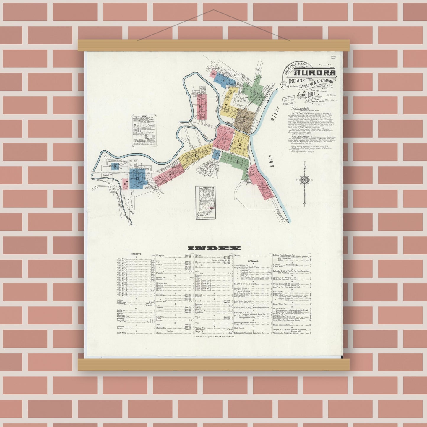 Old map wall art mockup — magnetic wood frame on brick wall — Sanborn Fire Insurance Map from Aurora, Dearborn County, Indiana (1917), Sheet #0001