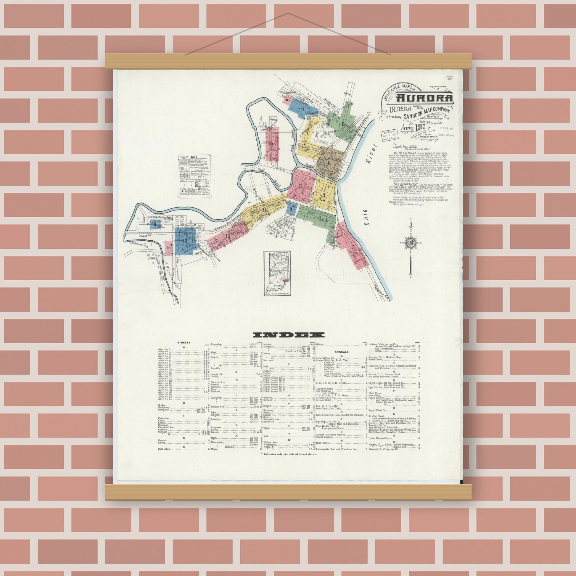 Old map wall art mockup — magnetic wood frame on brick wall — Sanborn Fire Insurance Map from Aurora, Dearborn County, Indiana (1917), Sheet #0001