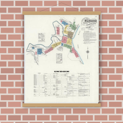Old map wall art mockup — magnetic wood frame on brick wall — Sanborn Fire Insurance Map from Aurora, Dearborn County, Indiana (1917), Sheet #0001