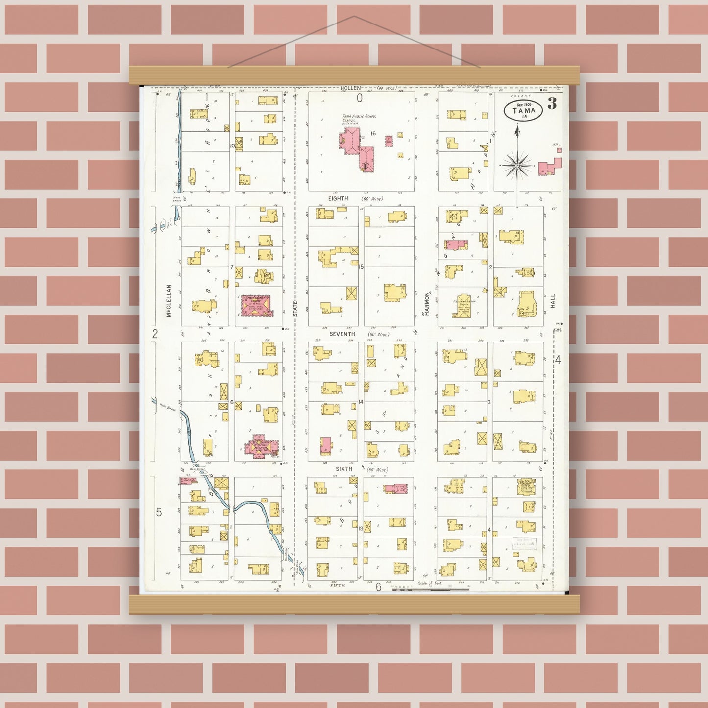 Old map wall art mockup — magnetic wood frame on brick wall — Sanborn Fire Insurance Map from Tama, Tama County, Iowa (1906), Sheet #0003