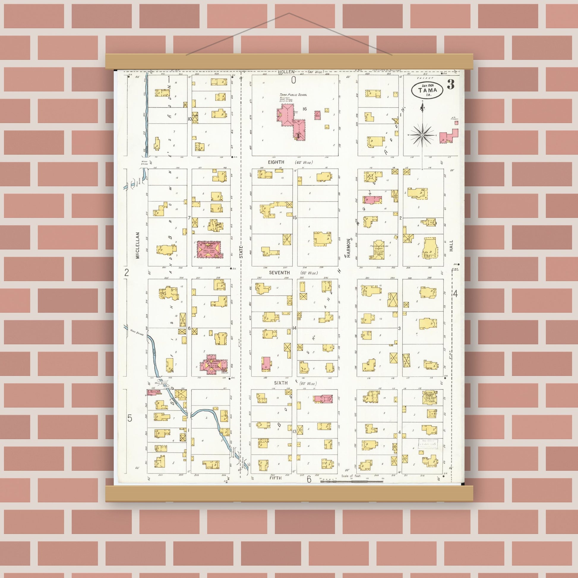 Old map wall art mockup — magnetic wood frame on brick wall — Sanborn Fire Insurance Map from Tama, Tama County, Iowa (1906), Sheet #0003
