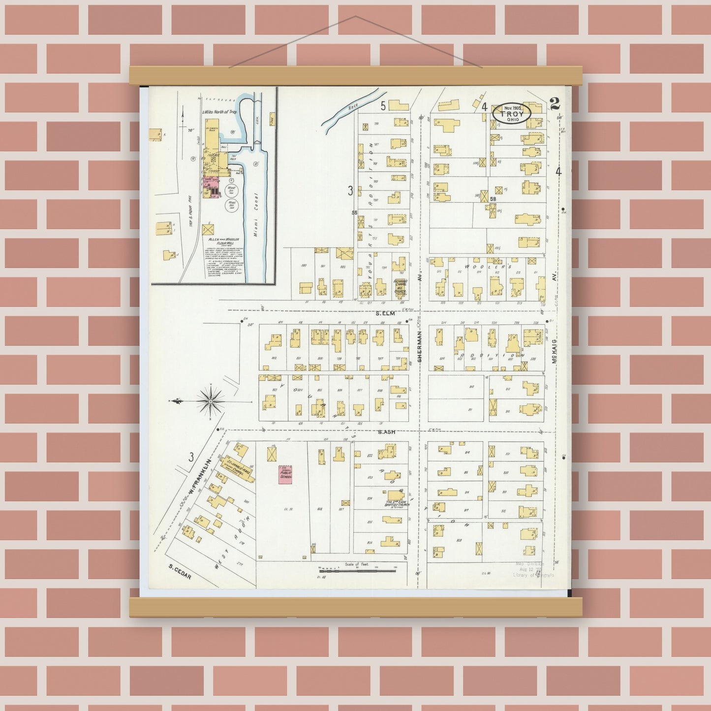 Old map wall art mockup — magnetic wood frame on brick wall — Sanborn Fire Insurance Map from Troy, Miami County, Ohio (1905), Sheet #0002