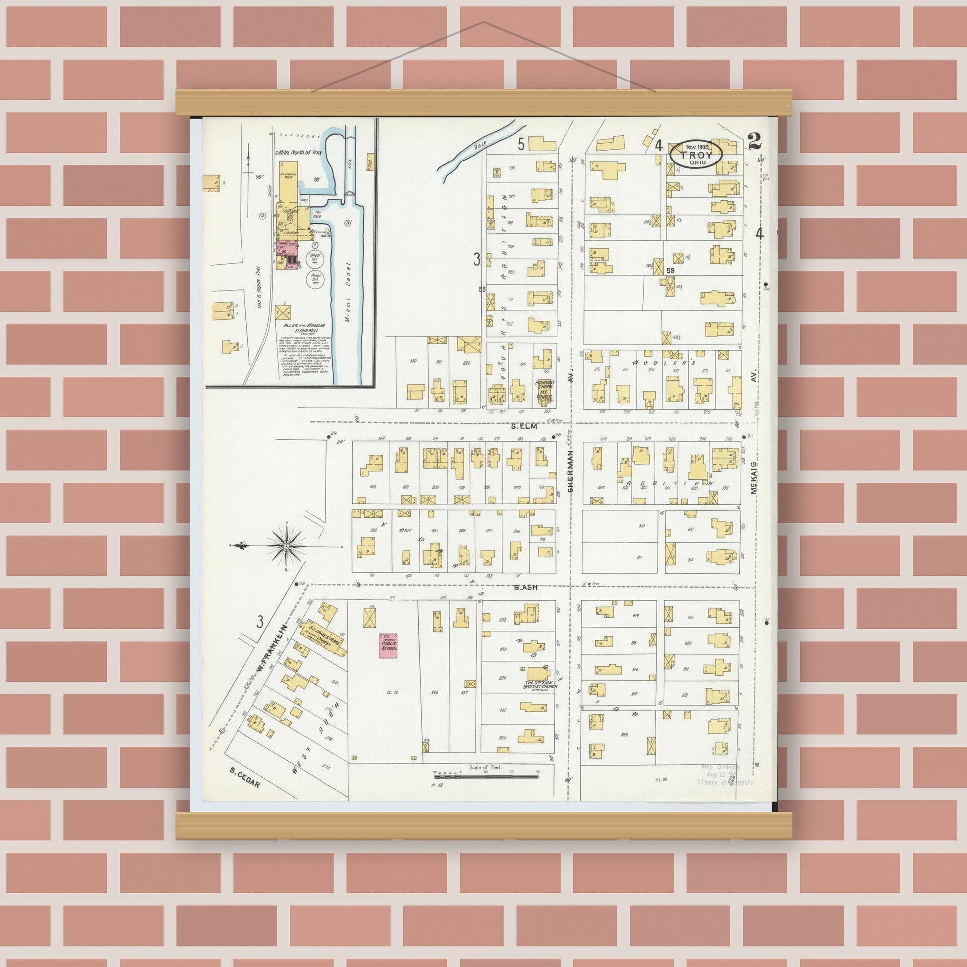Old map wall art mockup — magnetic wood frame on brick wall — Sanborn Fire Insurance Map from Troy, Miami County, Ohio (1905), Sheet #0002