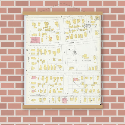 Old map wall art mockup — magnetic wood frame on brick wall — Sanborn Fire Insurance Map from Flint, Genesee County, Michigan (1902), Sheet #0015