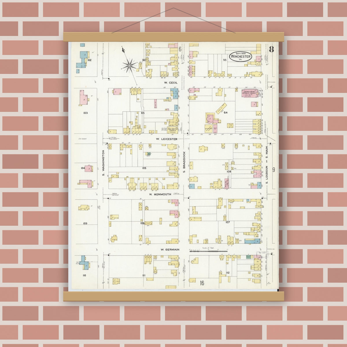 Old map wall art mockup — magnetic wood frame on brick wall — Sanborn Fire Insurance Map from Winchester, Independent Cities, Virginia (1908), Sheet #0008