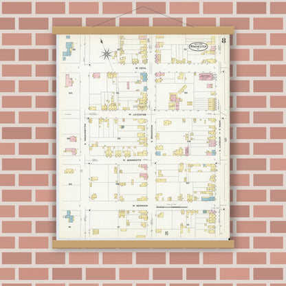 Old map wall art mockup — magnetic wood frame on brick wall — Sanborn Fire Insurance Map from Winchester, Independent Cities, Virginia (1908), Sheet #0008