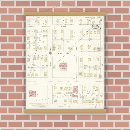 Old map wall art mockup — magnetic wood frame on brick wall — Sanborn Fire Insurance Map from Spencer, Clay County, Iowa (1915), Sheet #0002