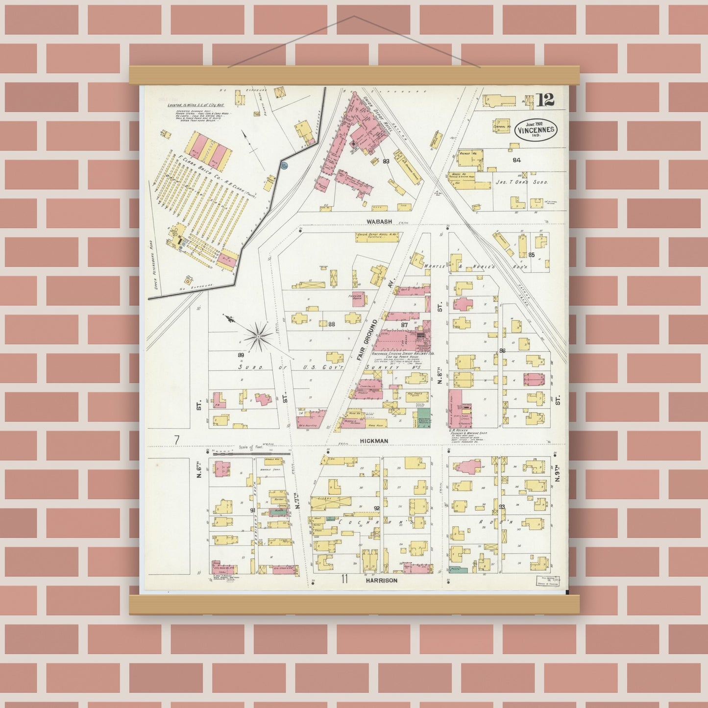 Old map wall art mockup — magnetic wood frame on brick wall — Sanborn Fire Insurance Map from Vincennes, Knox County, Indiana (1902), Sheet #0012