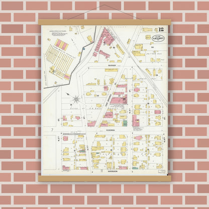 Old map wall art mockup — magnetic wood frame on brick wall — Sanborn Fire Insurance Map from Vincennes, Knox County, Indiana (1902), Sheet #0012