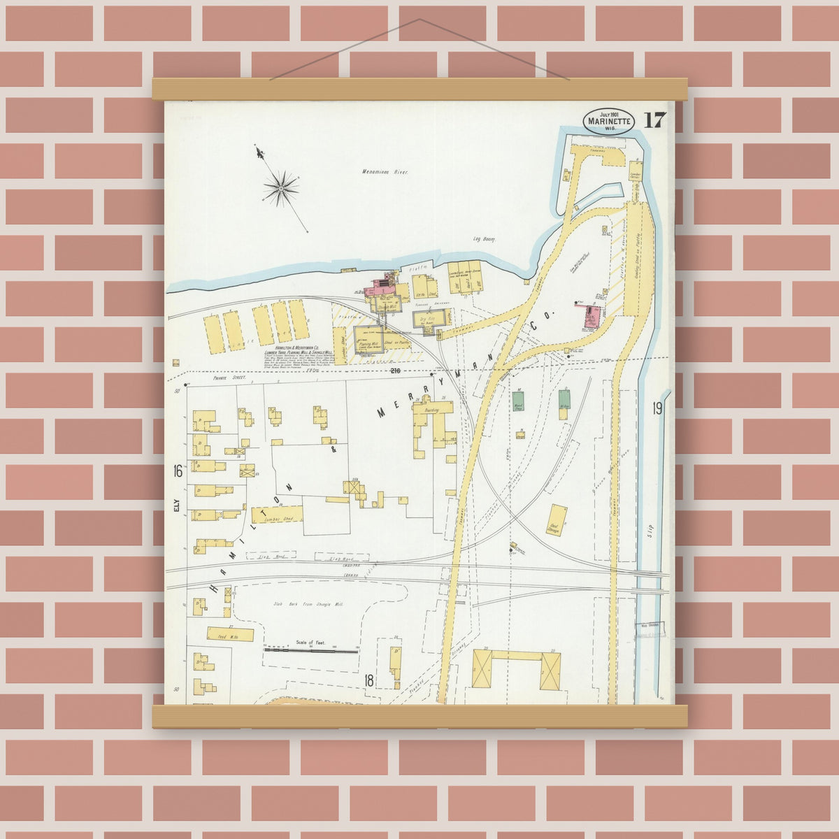 Old map wall art mockup — magnetic wood frame on brick wall — Sanborn Fire Insurance Map from Marinette, Marinette County, Wisconsin (1901), Sheet #0017