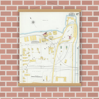 Old map wall art mockup — magnetic wood frame on brick wall — Sanborn Fire Insurance Map from Marinette, Marinette County, Wisconsin (1901), Sheet #0017