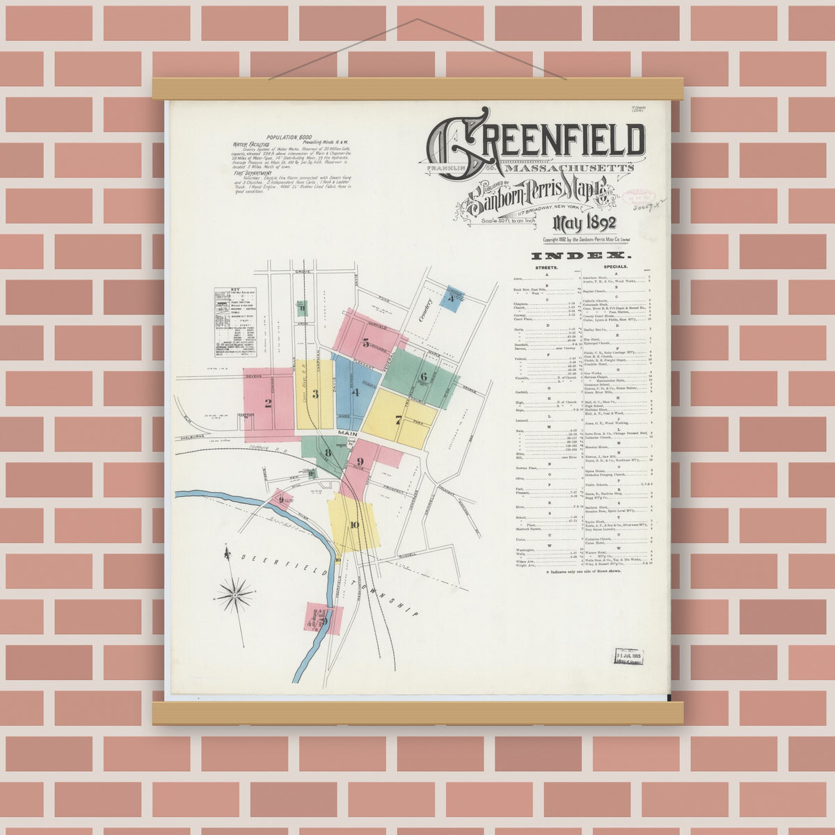 Old map wall art mockup — magnetic wood frame on brick wall — Sanborn Fire Insurance Map from Greenfield, Franklin County, Massachusetts (1892), Sheet #0001