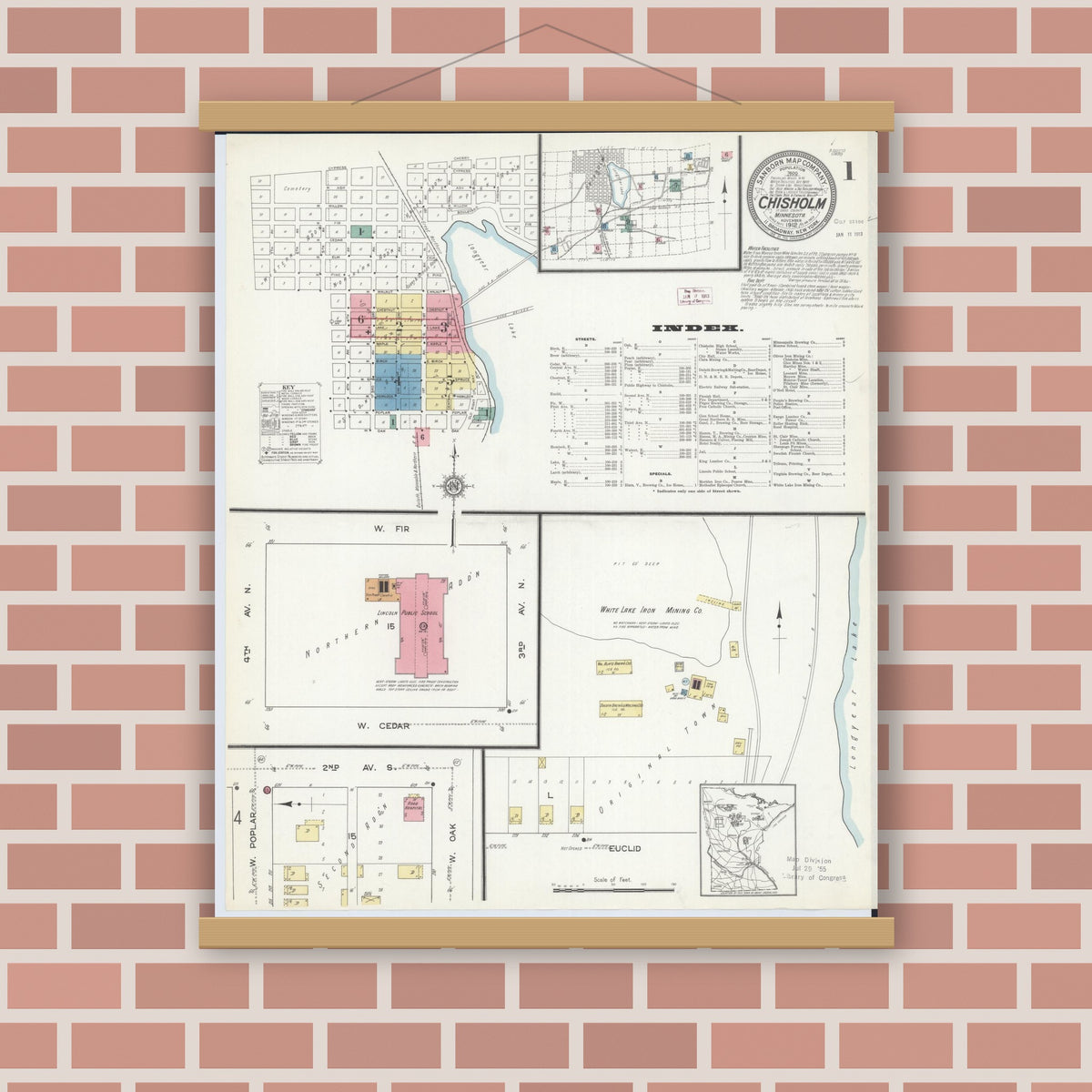 Old map wall art mockup — magnetic wood frame on brick wall — Sanborn Fire Insurance Map from Chisholm, Saint Louis County, Minnesota (1912) - Complete Map Set