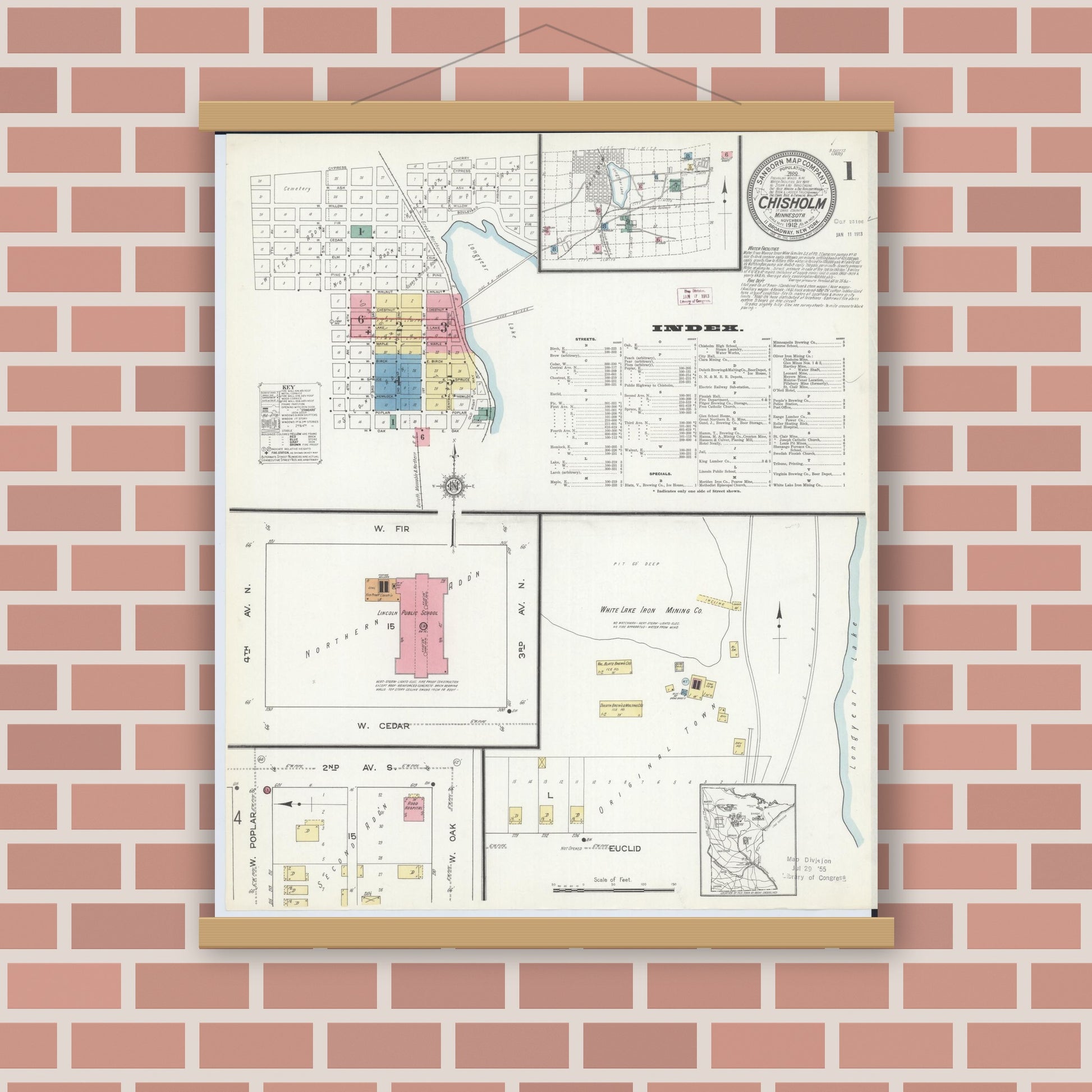 Old map wall art mockup — magnetic wood frame on brick wall — Sanborn Fire Insurance Map from Chisholm, Saint Louis County, Minnesota (1912) - Complete Map Set