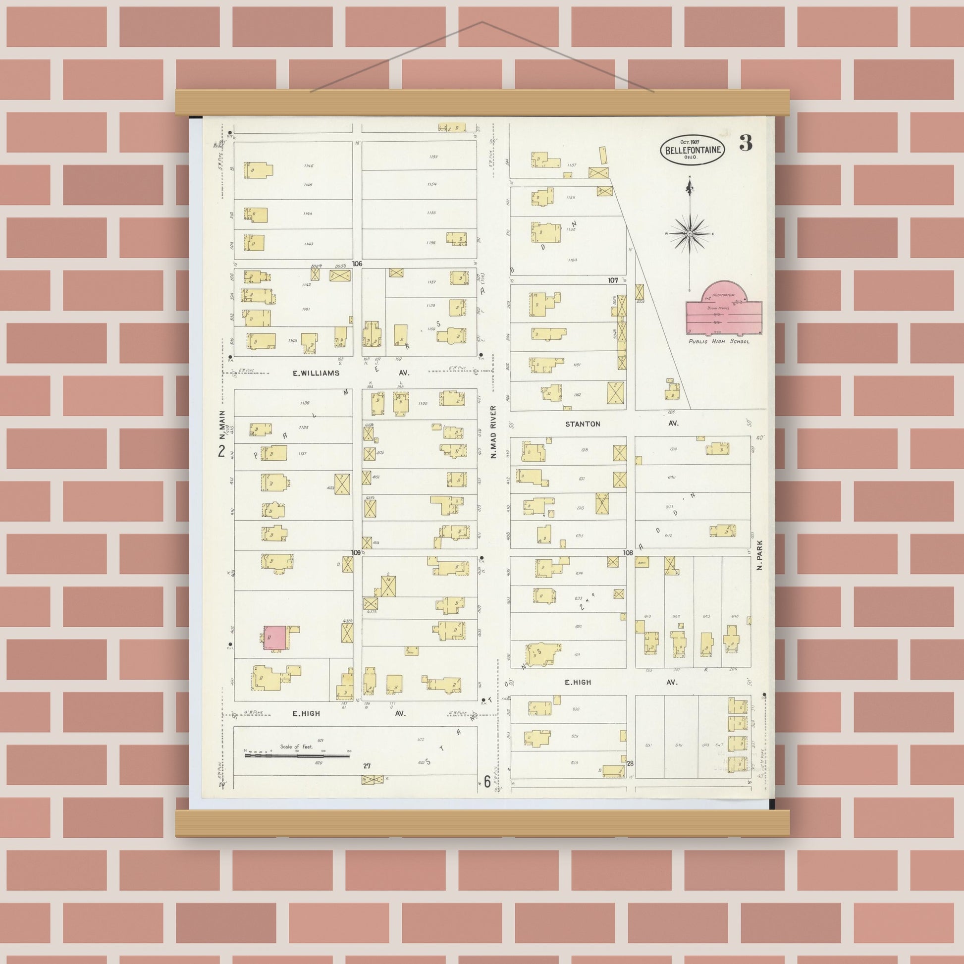 Old map wall art mockup — magnetic wood frame on brick wall — Sanborn Fire Insurance Map from Bellefontaine, Logan County, Ohio (1907), Sheet #0003