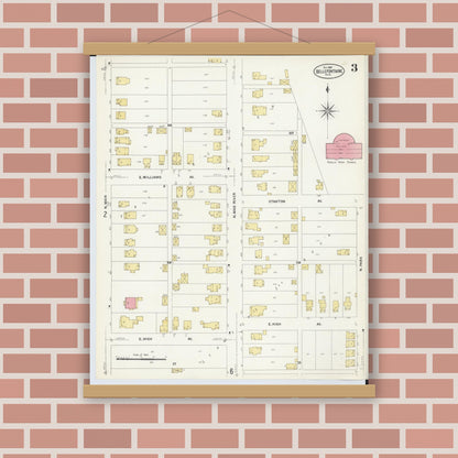 Old map wall art mockup — magnetic wood frame on brick wall — Sanborn Fire Insurance Map from Bellefontaine, Logan County, Ohio (1907), Sheet #0003