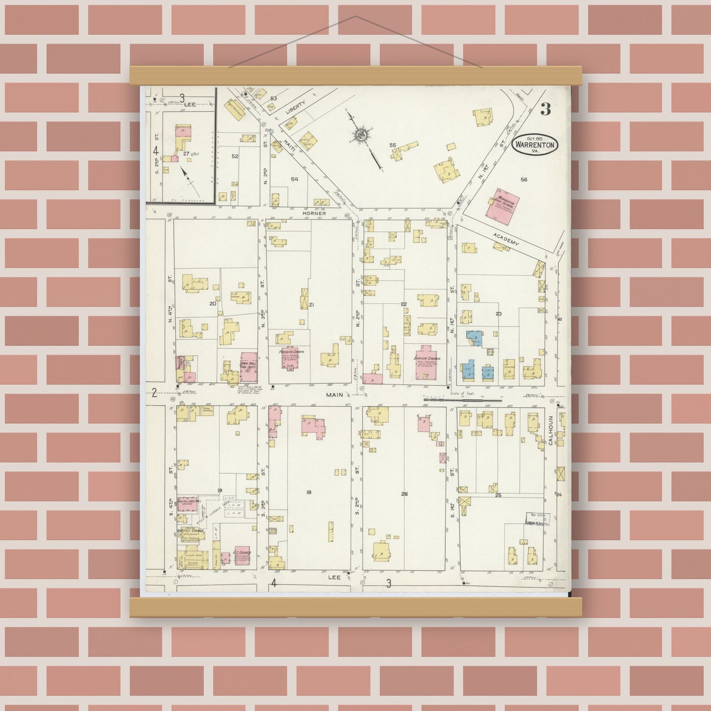 Old map wall art mockup — magnetic wood frame on brick wall — Sanborn Fire Insurance Map from Warrenton, Fauquier County, Virginia (1915), Sheet #0003