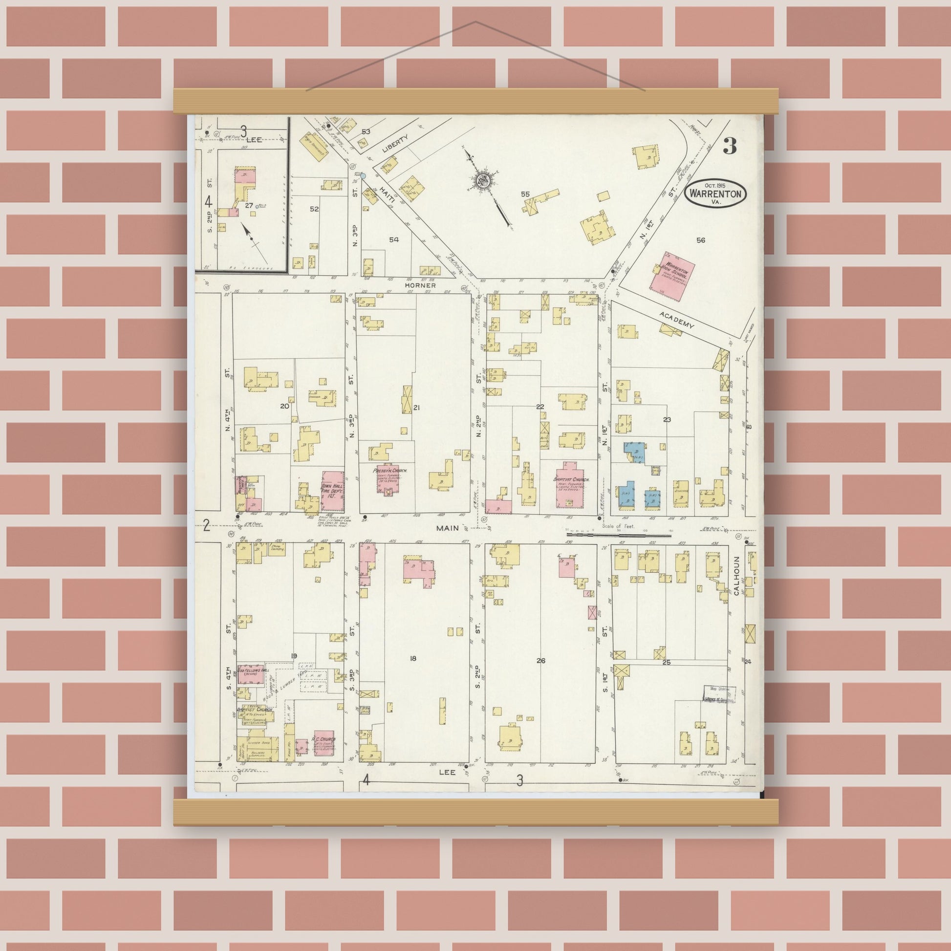 Old map wall art mockup — magnetic wood frame on brick wall — Sanborn Fire Insurance Map from Warrenton, Fauquier County, Virginia (1915), Sheet #0003