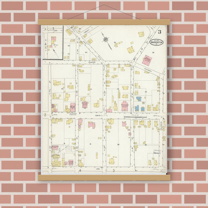 Old map wall art mockup — magnetic wood frame on brick wall — Sanborn Fire Insurance Map from Warrenton, Fauquier County, Virginia (1915), Sheet #0003