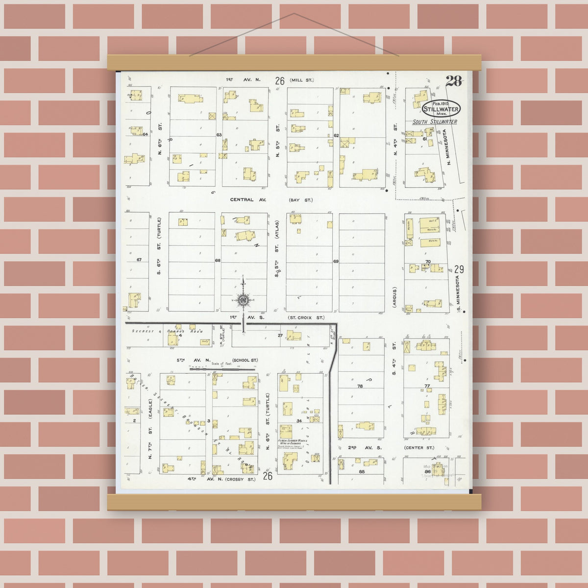 Old map wall art mockup — magnetic wood frame on brick wall — Sanborn Fire Insurance Map from Stillwater, Washington County, Minnesota (1910), Sheet #0028