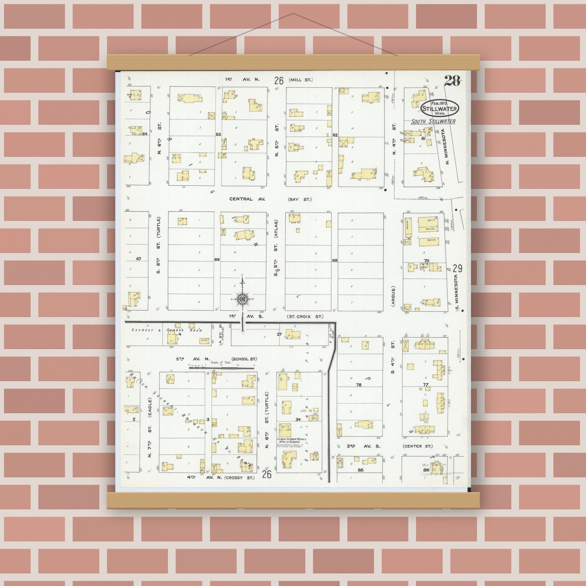 Old map wall art mockup — magnetic wood frame on brick wall — Sanborn Fire Insurance Map from Stillwater, Washington County, Minnesota (1910), Sheet #0028