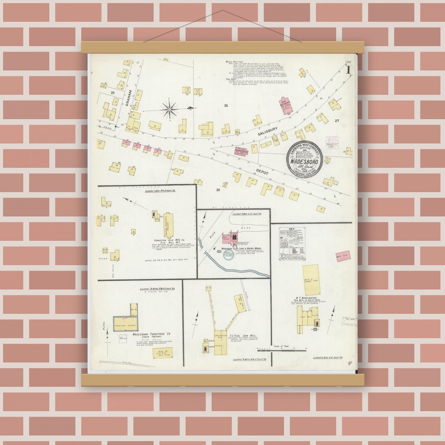Old map wall art mockup — magnetic wood frame on brick wall — Sanborn Fire Insurance Map from Wadesboro, Anson County, North Carolina (1908) - Complete Map Set