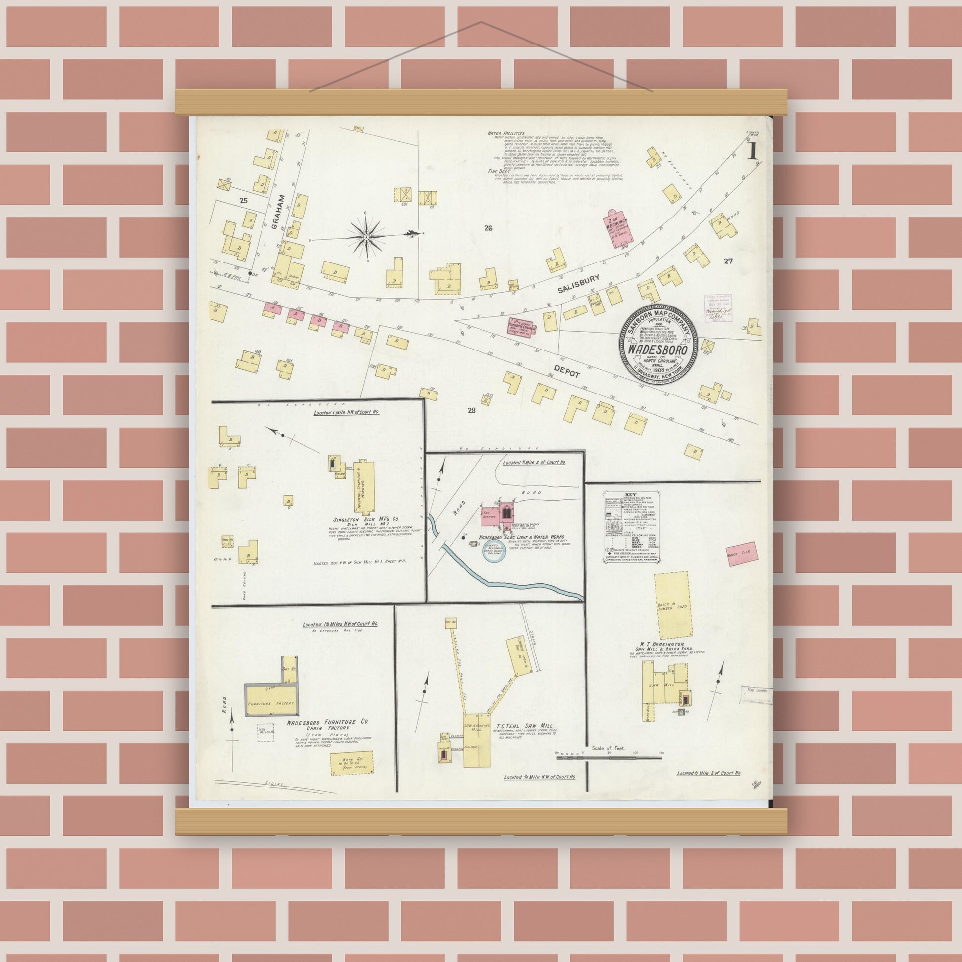 Old map wall art mockup — magnetic wood frame on brick wall — Sanborn Fire Insurance Map from Wadesboro, Anson County, North Carolina (1908) - Complete Map Set