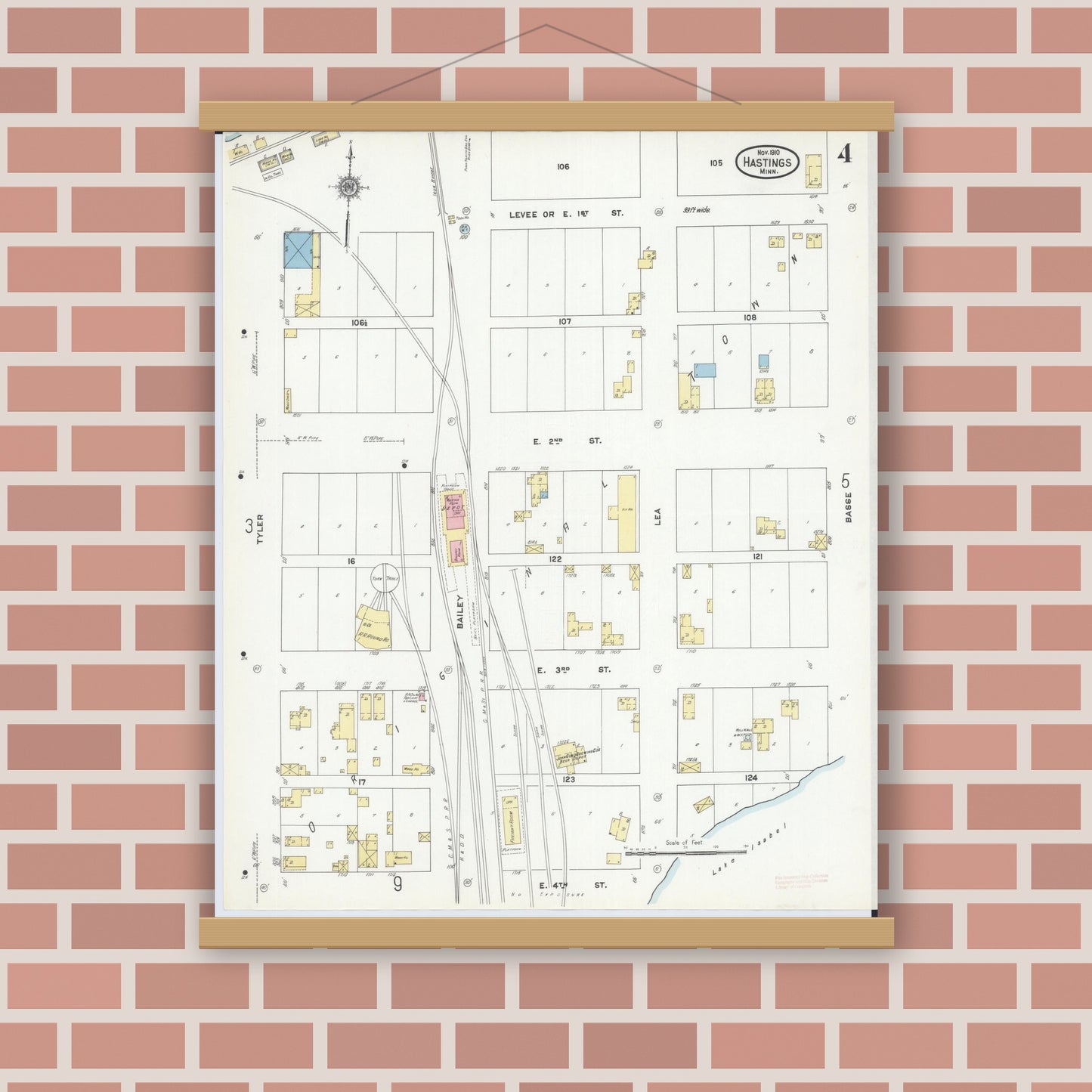 Old map wall art mockup — magnetic wood frame on brick wall — Sanborn Fire Insurance Map from Hastings, Dakota County, Minnesota (1910), Sheet #0004
