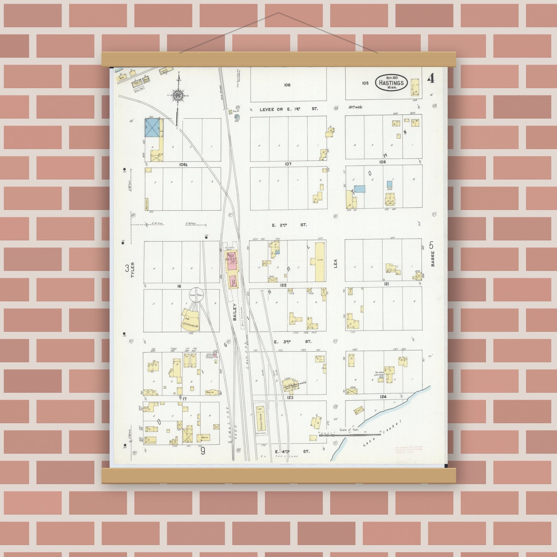 Old map wall art mockup — magnetic wood frame on brick wall — Sanborn Fire Insurance Map from Hastings, Dakota County, Minnesota (1910), Sheet #0004