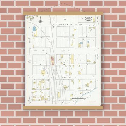 Old map wall art mockup — magnetic wood frame on brick wall — Sanborn Fire Insurance Map from Hastings, Dakota County, Minnesota (1910), Sheet #0004